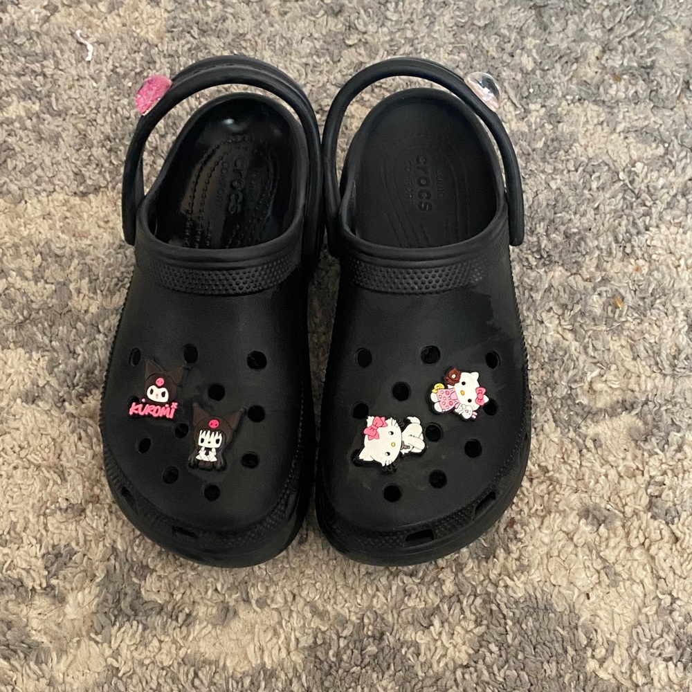 Womens size 6 black CROCS with charms